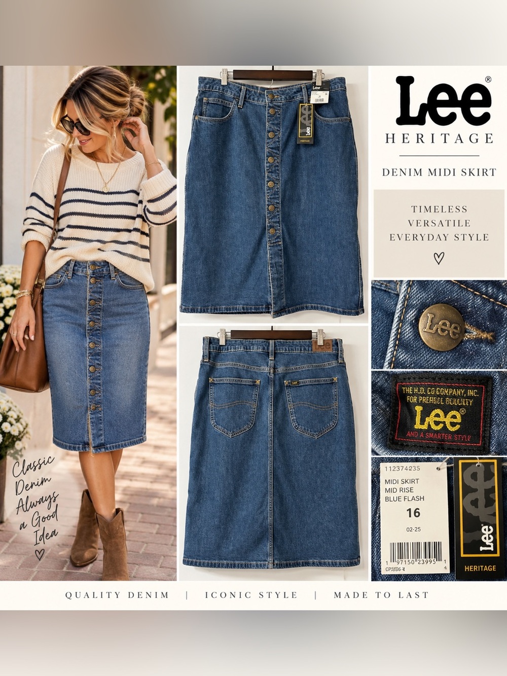 New Lee Women's Heritage Midi Skirt, Dark Blue Jean Denim Size 16 Snap Front
